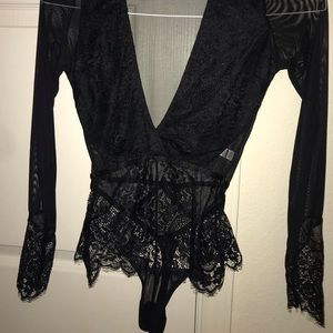 Long sleeve black lingerie, thong bodysuit